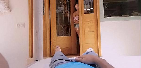  Valentina gets turned on with stepbro after seeing him jerking off and saying her name!